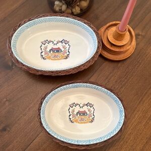 Set of 2 Teamson Pottery 1995 Sweet Home oval baking Serveware dishes w/ baskets